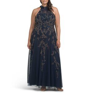 ADRIANNA PAPELL Rose Gold/Navy Sleeveless Halter Beaded Gown